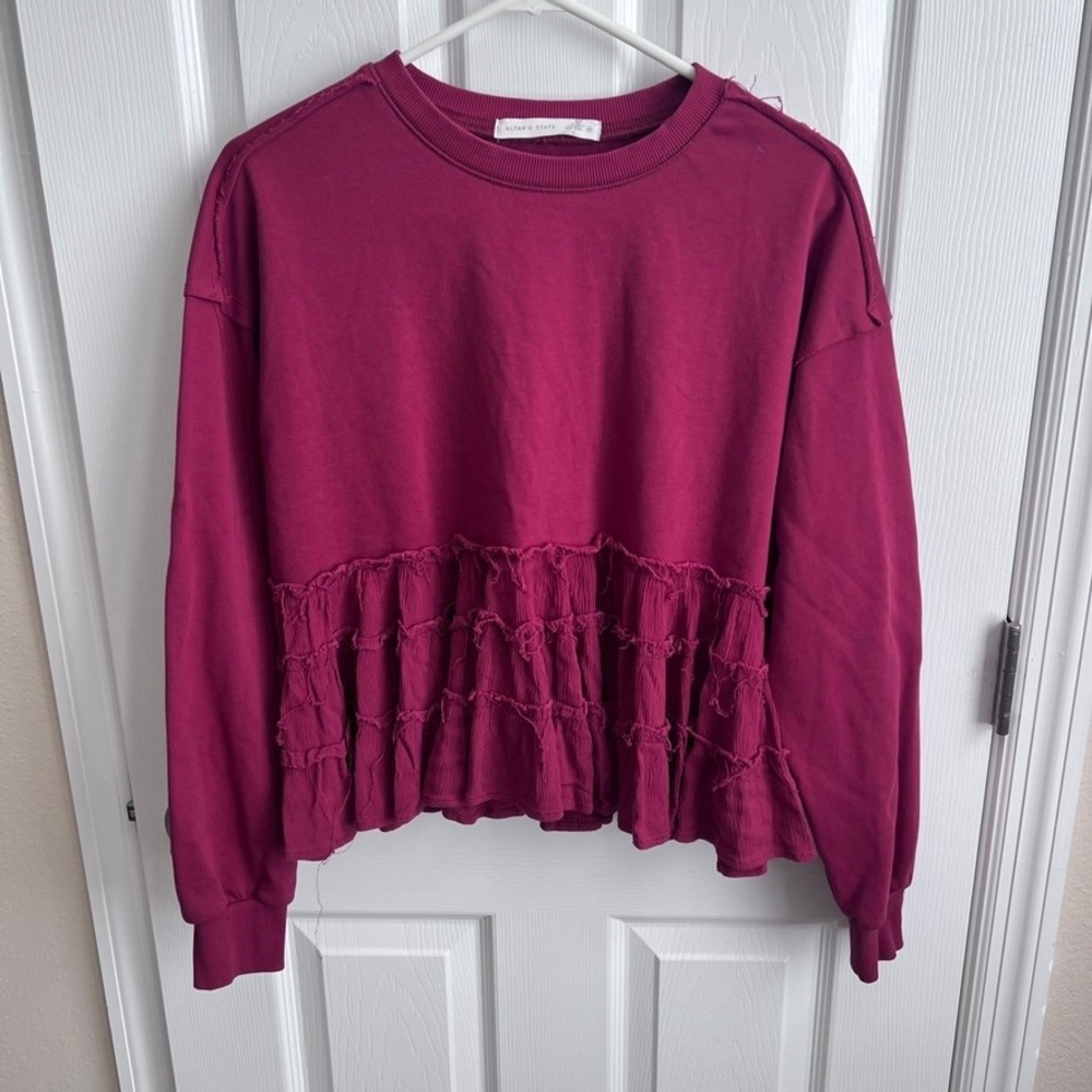 Altar'd State Magenta Ruffle Hem Sweatshirt XS Pink Boho Mixed Media Raw Seam